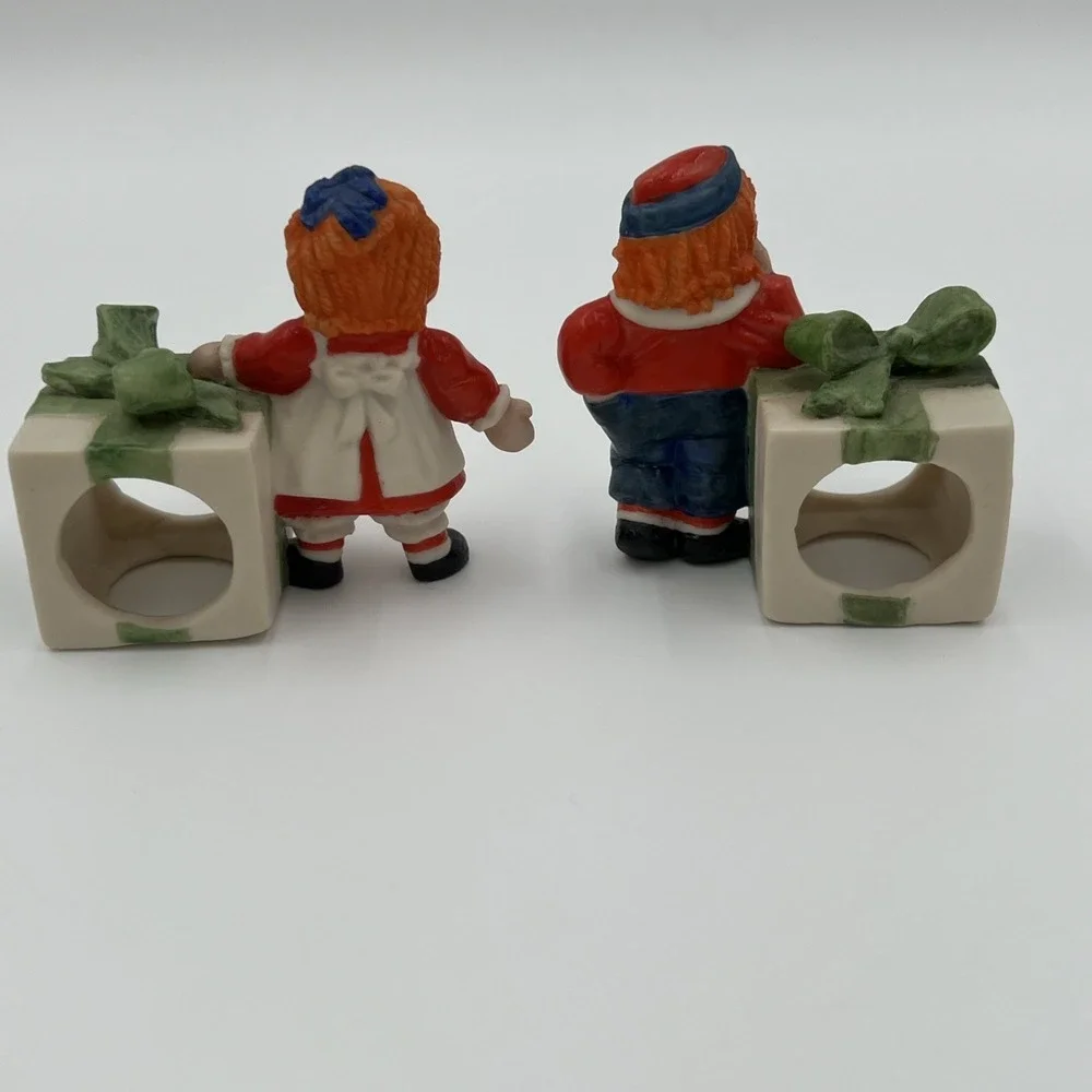 Raggedy Ann and Andy Ceramic Napkin Rings Vintage‎ Christmas Holiday Set of 2